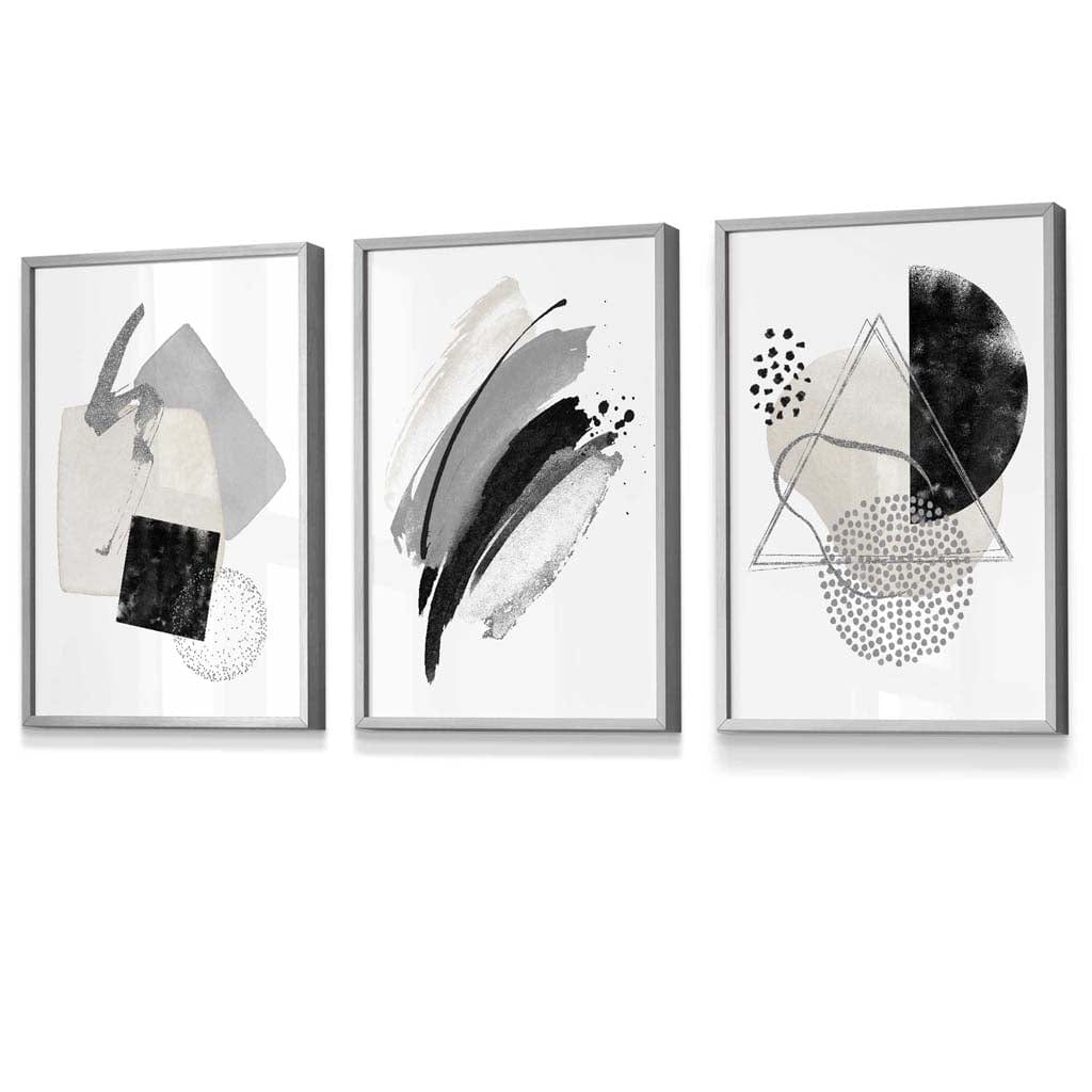 Abstraktes Set aus 3 gerahmten Kunstdrucken in Grau, Schwarz und Silber