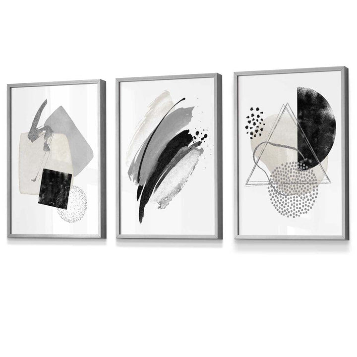 Abstraktes Set aus 3 gerahmten Kunstdrucken in Grau, Schwarz und Silber