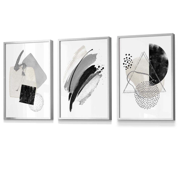 Abstraktes Set aus 3 gerahmten Kunstdrucken in Grau, Schwarz und Silber