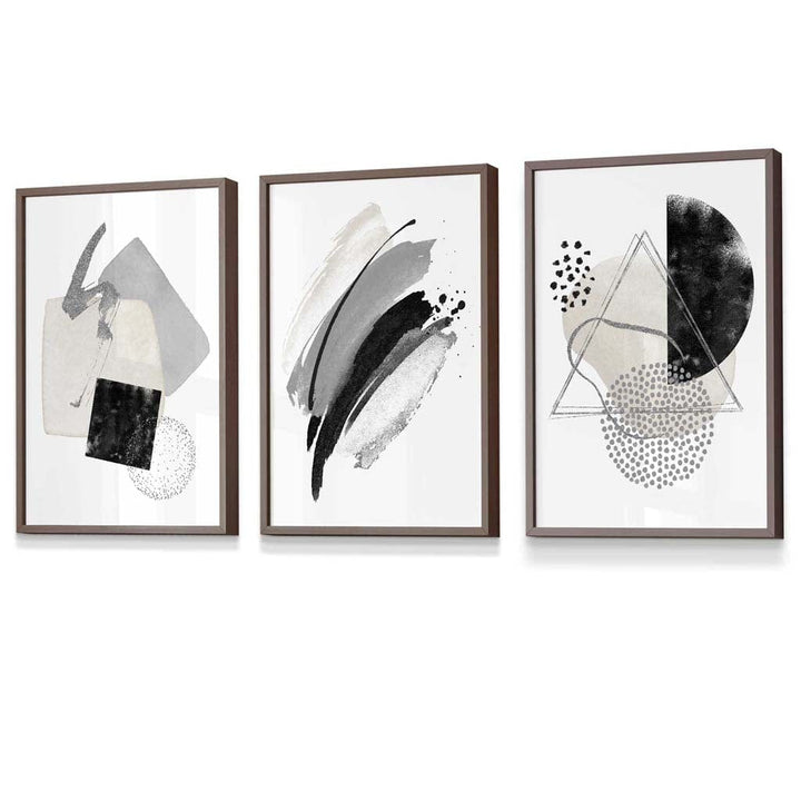 Abstraktes Set aus 3 gerahmten Kunstdrucken in Grau, Schwarz und Silber