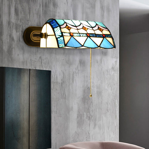 Mediterrane Bankerlampe mit Zugkette Buntglas 1 Licht Wand sconce in Blau | Karnz