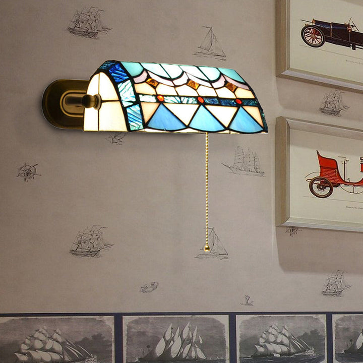 Mediterrane Bankerlampe mit Zugkette Buntglas 1 Licht Wand sconce in Blau | Karnz