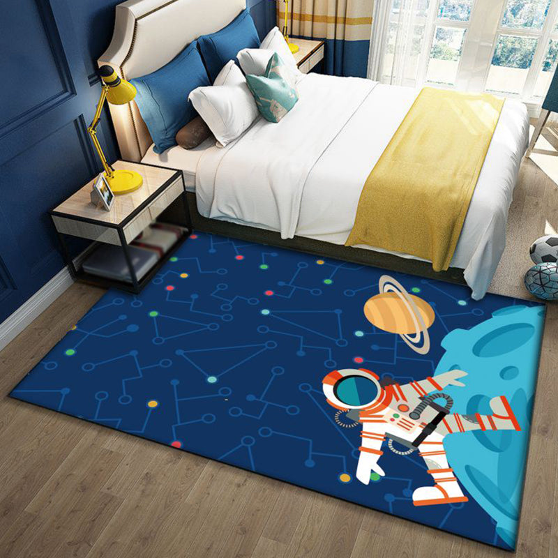 Stilvolles Musterdes Teppichs im Weltraum Blau und Schwarz Kinderteppich Polyester Waschbar Haustierfreundlich Rutschfester Teppich für das Kinderzimmer