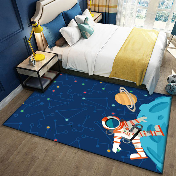 Stilvolles Musterdes Teppichs im Weltraum Blau und Schwarz Kinderteppich Polyester Waschbar Haustierfreundlich Rutschfester Teppich für das Kinderzimmer