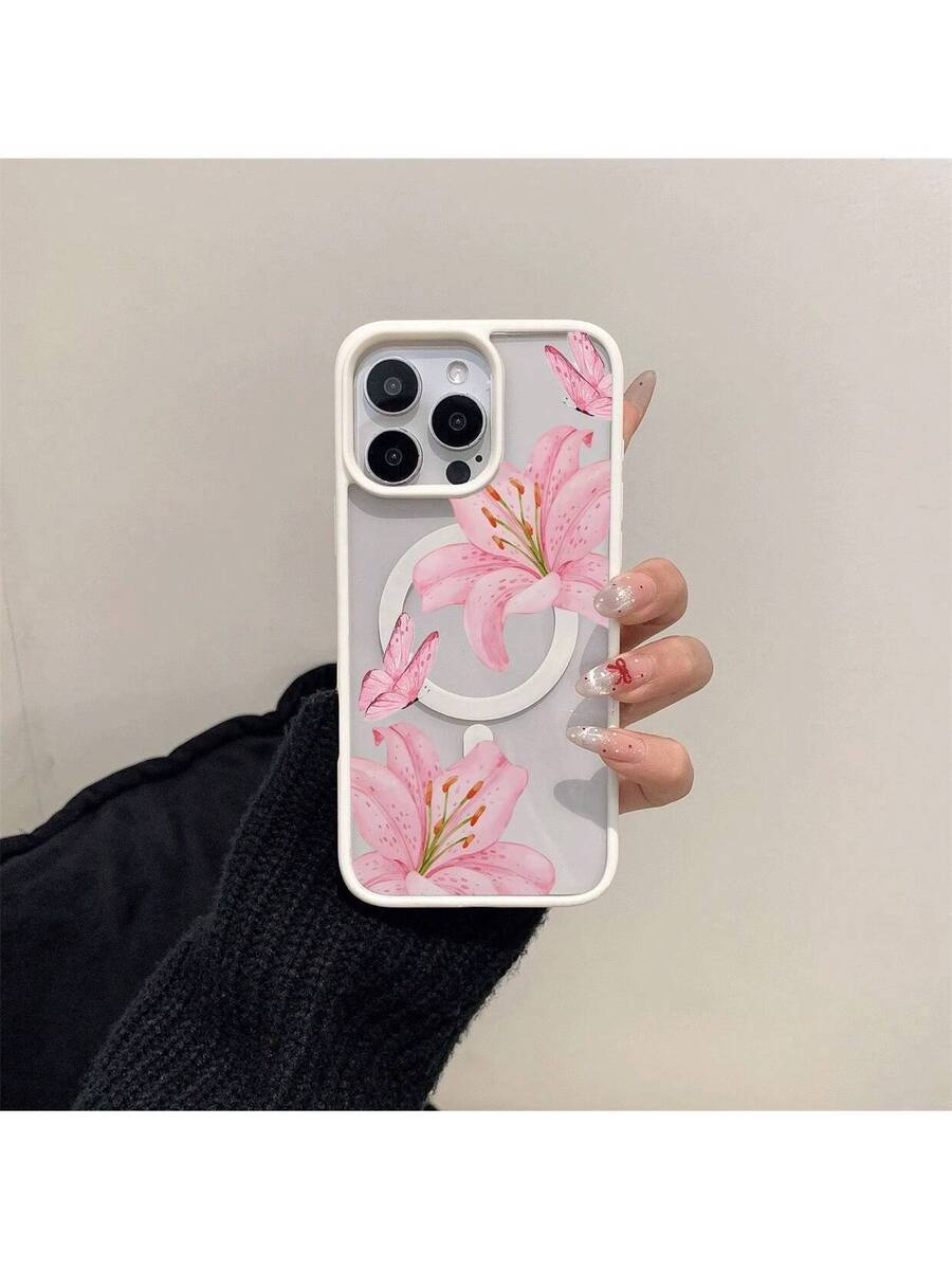 Transparentes Magnetcase für iPhone 11–16, Acryl, Blumen-Schmetterling