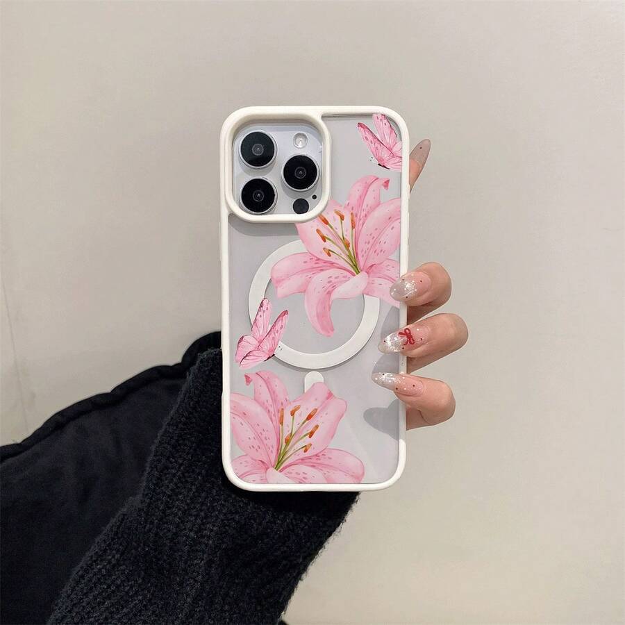 Transparentes Magnetcase für iPhone 11–16, Acryl, Blumen-Schmetterling