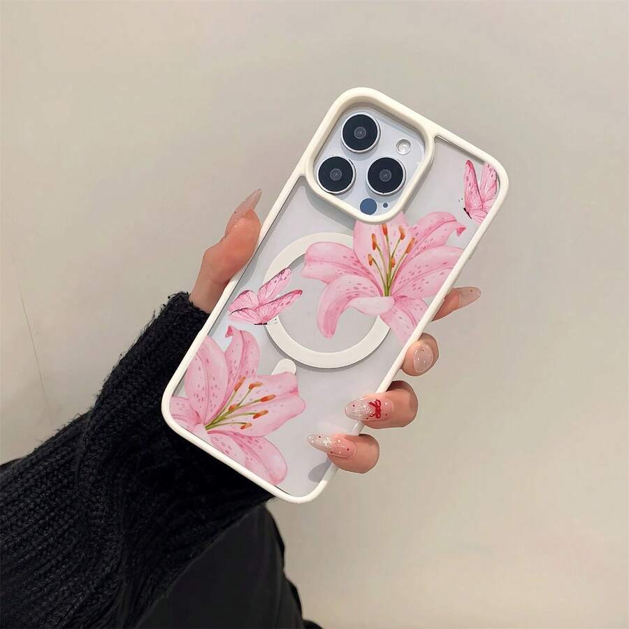 Transparentes Magnetcase für iPhone 11–16, Acryl, Blumen-Schmetterling