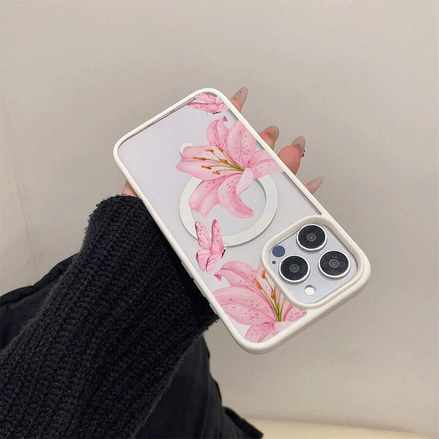 Transparentes Magnetcase für iPhone 11–16, Acryl, Blumen-Schmetterling