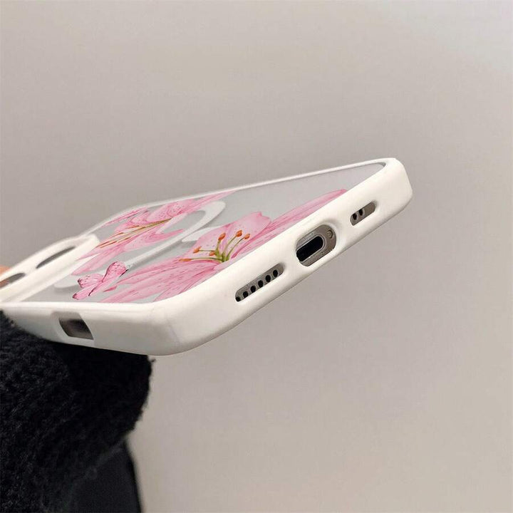 Transparentes Magnetcase für iPhone 11–16, Acryl, Blumen-Schmetterling