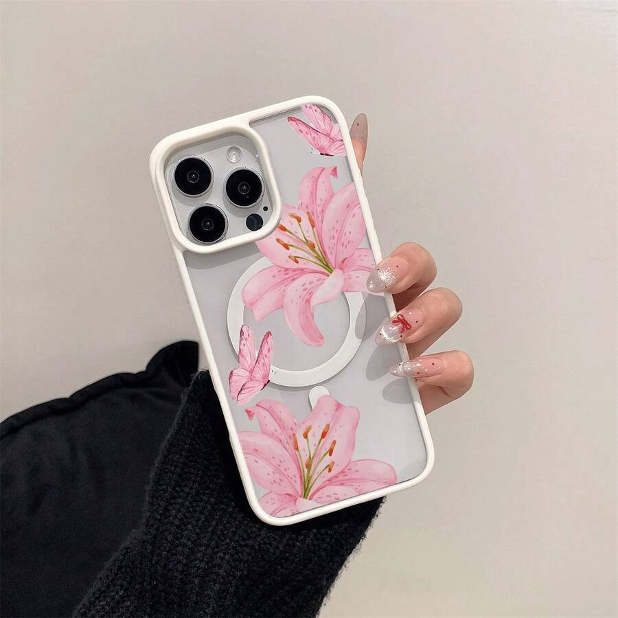 Transparentes Magnetcase für iPhone 11–16, Acryl, Blumen-Schmetterling