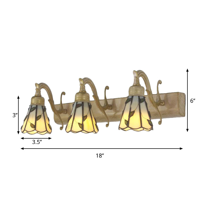 3 Köpfe Blatt Schminklicht Rustikal Loft Buntglas Schminkspiegel Licht mit Linearer Rückplatte in Kupfer/Antikmessing/Gold | Karnz