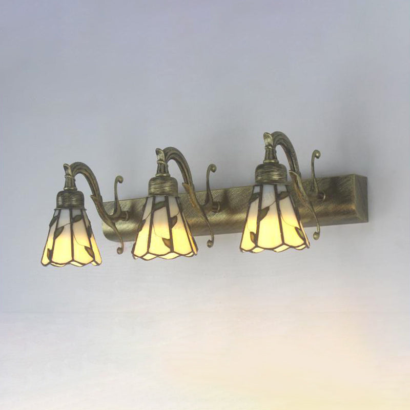 3 Köpfe Blatt Schminklicht Rustikal Loft Buntglas Schminkspiegel Licht mit Linearer Rückplatte in Kupfer/Antikmessing/Gold | Karnz