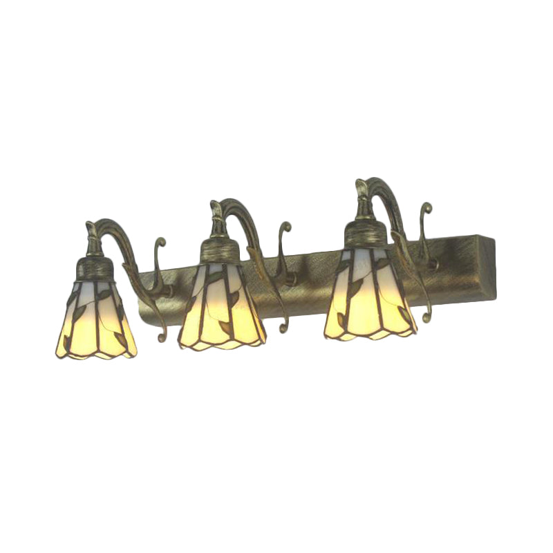 3 Köpfe Blatt Schminklicht Rustikal Loft Buntglas Schminkspiegel Licht mit Linearer Rückplatte in Kupfer/Antikmessing/Gold | Karnz