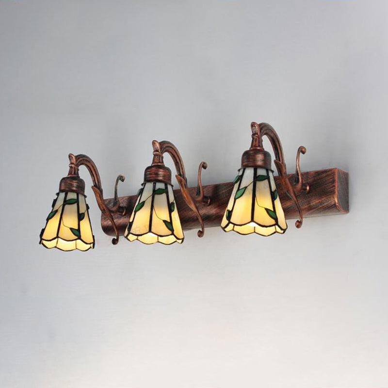 3 Köpfe Blatt Schminklicht Rustikal Loft Buntglas Schminkspiegel Licht mit Linearer Rückplatte in Kupfer/Antikmessing/Gold | Karnz