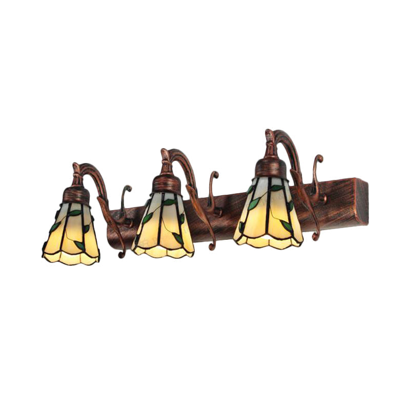 3 Köpfe Blatt Schminklicht Rustikal Loft Buntglas Schminkspiegel Licht mit Linearer Rückplatte in Kupfer/Antikmessing/Gold | Karnz