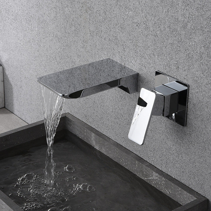 Kreativer Wandtyp Wasserfallwasserhahn aus reinem Kupfer schwarzer Waschbecken kaltes und heißes eingebettetes Becken verborgenes Armatur