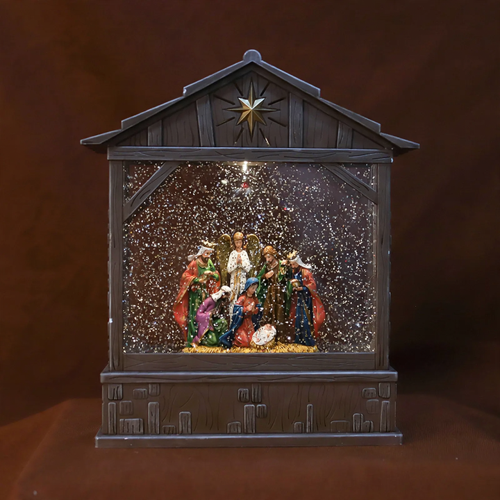 Weihnachtliche Krippen-Spieluhr mit Schneeeffekt