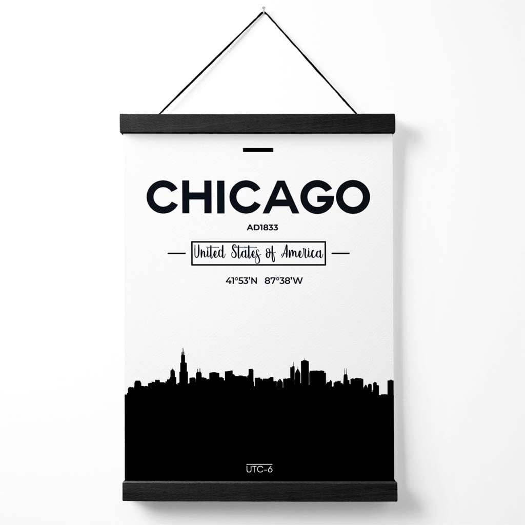 Chicago-Stadtbildposter in Schwarz-Weiß mit Aufhänger