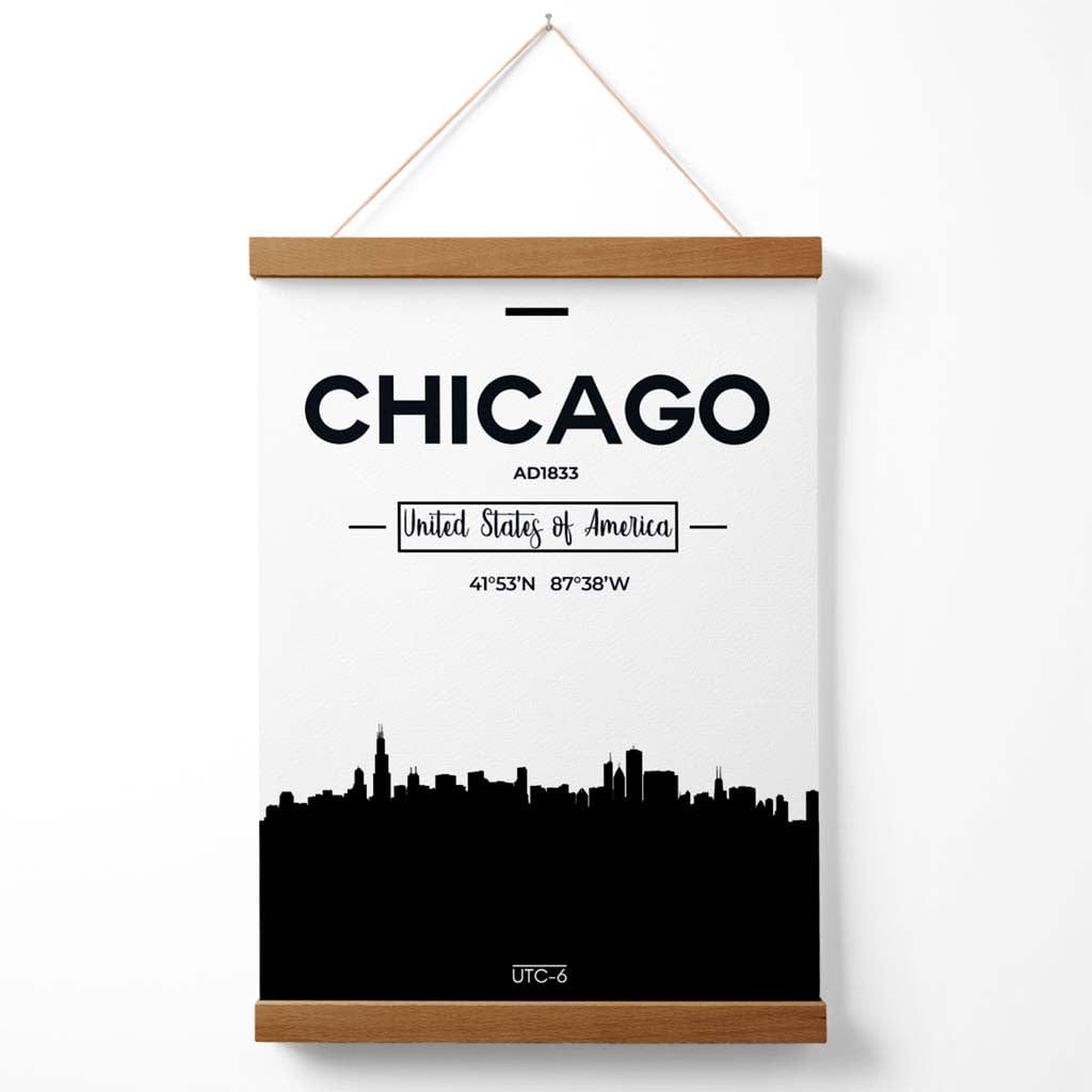 Chicago-Stadtbildposter in Schwarz-Weiß mit Aufhänger