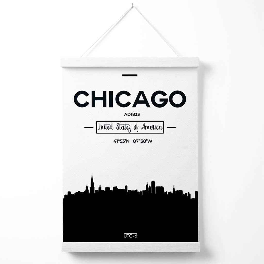 Chicago-Stadtbildposter in Schwarz-Weiß mit Aufhänger