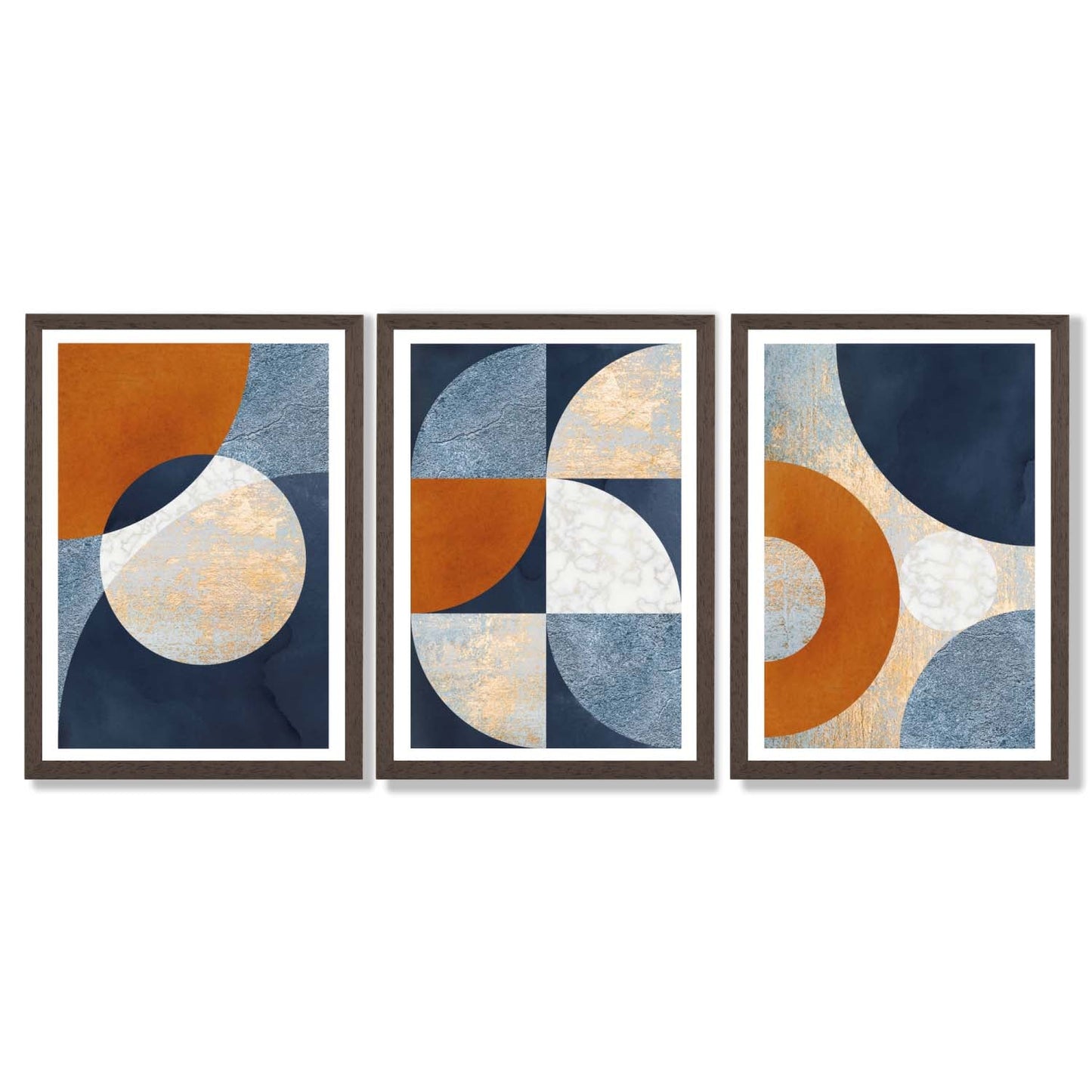 Abstraktes geometrisches Set aus 3 gerahmten Kunstdrucken in Marineblau, Orange und Gold