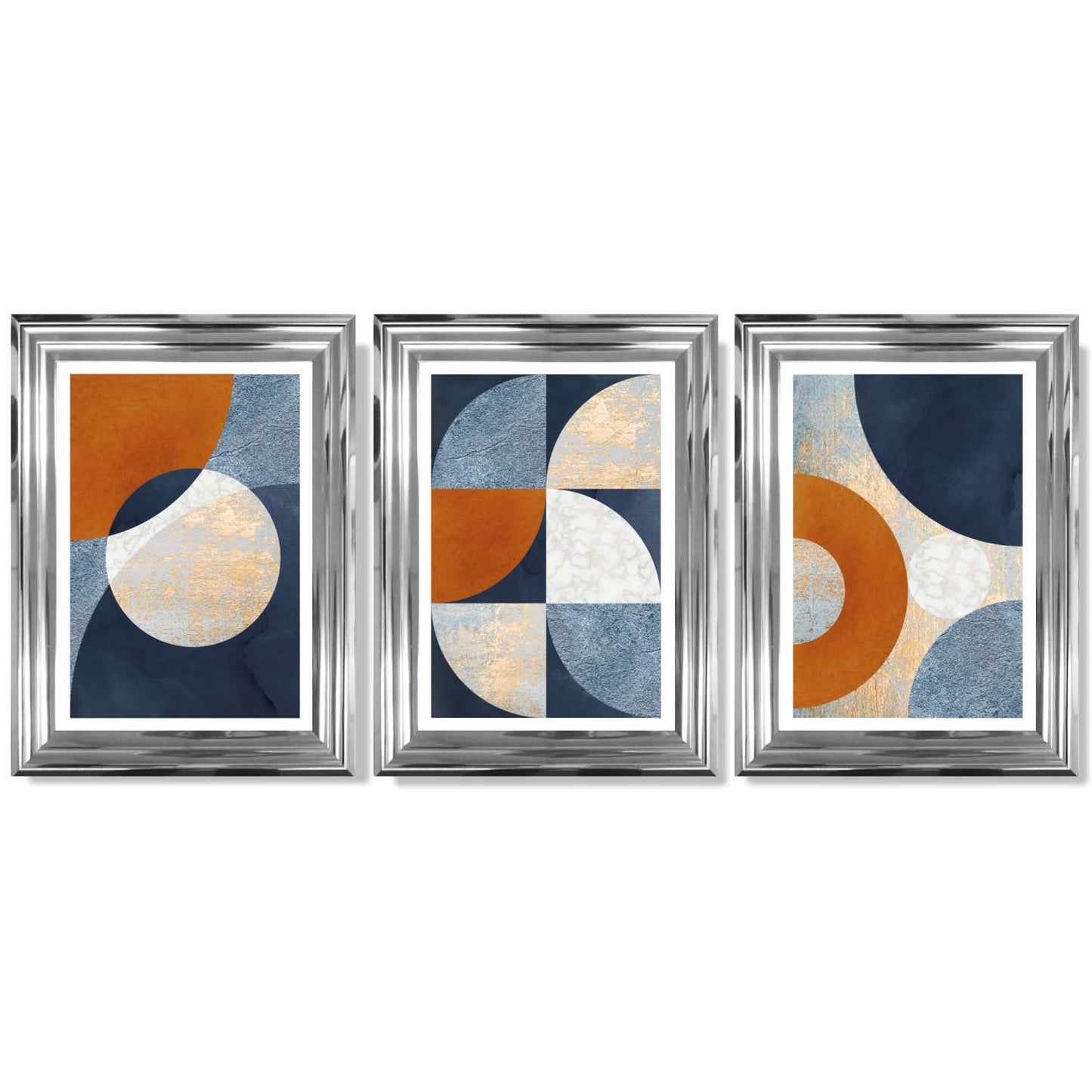 Abstraktes geometrisches Set aus 3 gerahmten Kunstdrucken in Marineblau, Orange und Gold