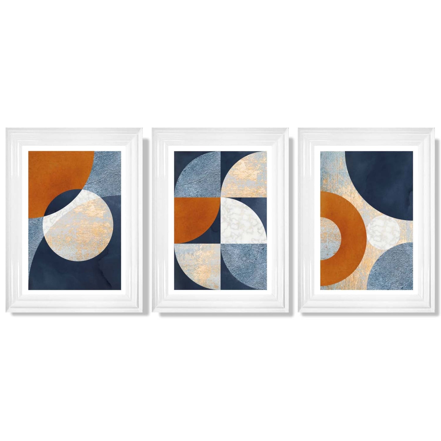 Abstraktes geometrisches Set aus 3 gerahmten Kunstdrucken in Marineblau, Orange und Gold
