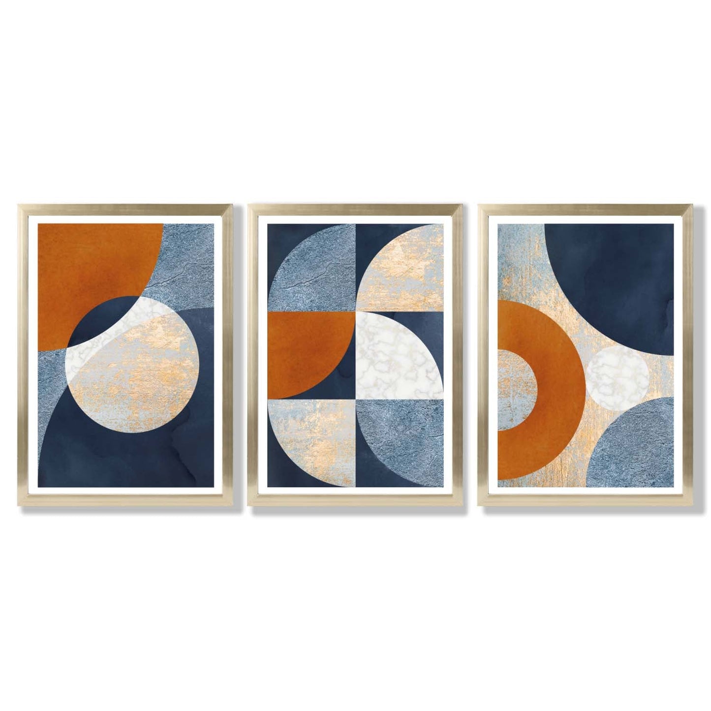 Abstraktes geometrisches Set aus 3 gerahmten Kunstdrucken in Marineblau, Orange und Gold