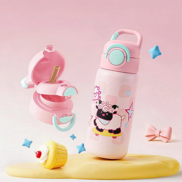 Kinderthermosflasche mit Saugnapf und Trinkhalm
