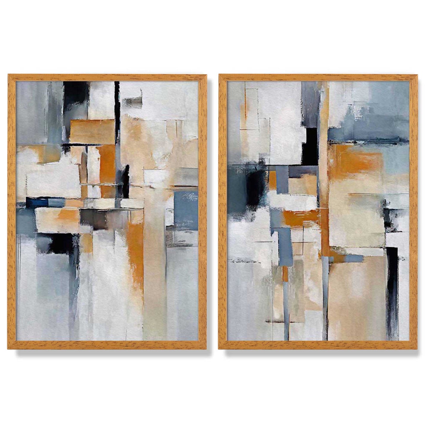Abstraktes Set aus 2 gerahmten Kunstdrucken in Blau und Orange