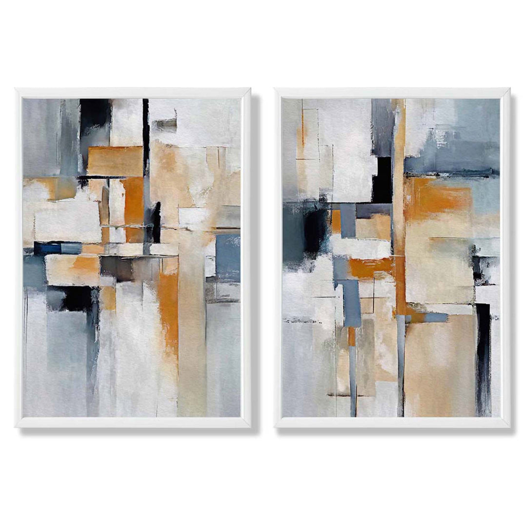 Abstraktes Set aus 2 gerahmten Kunstdrucken in Blau und Orange