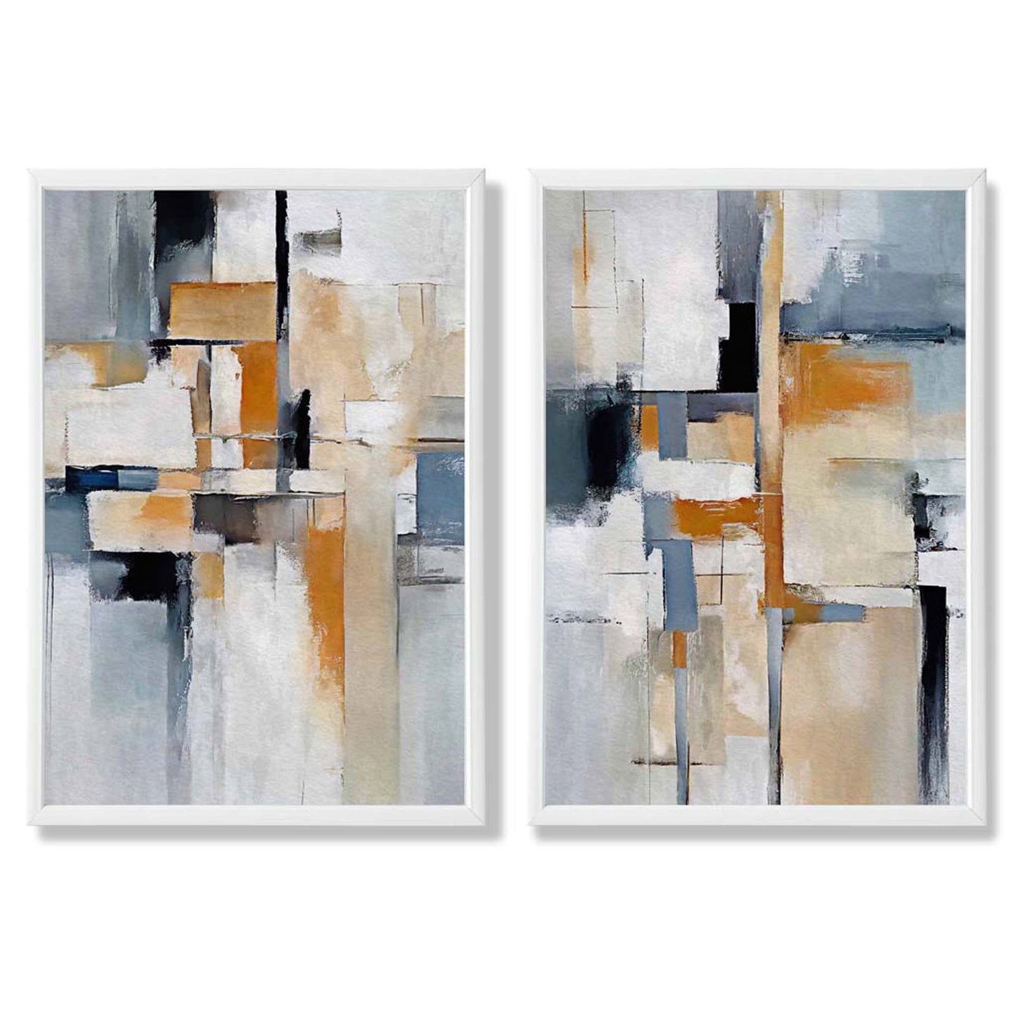 Abstraktes Set aus 2 gerahmten Kunstdrucken in Blau und Orange