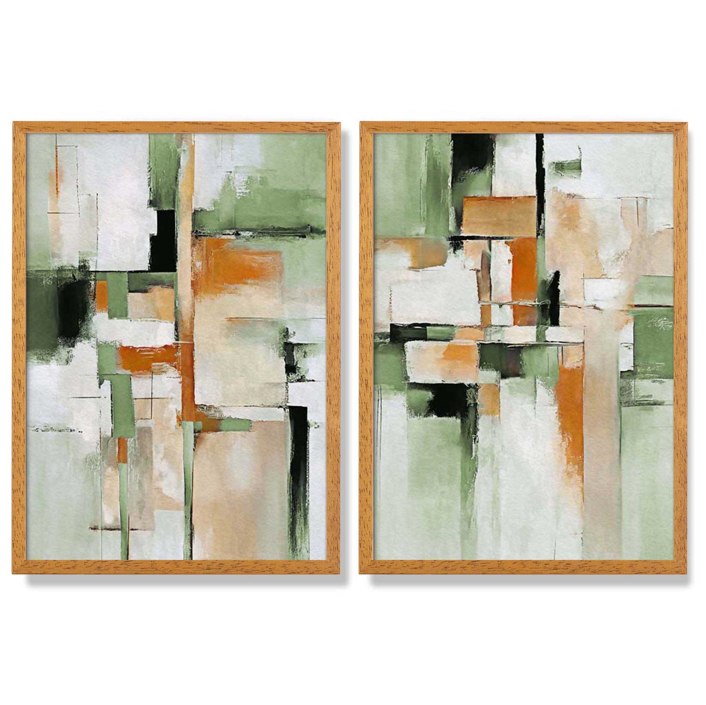 Abstraktes grünes und oranges Set aus 2 gerahmten Kunstdrucken