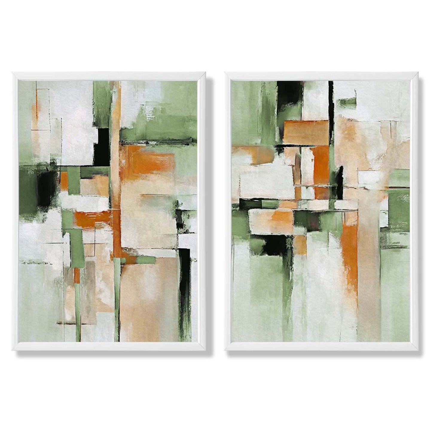 Abstraktes grünes und oranges Set aus 2 gerahmten Kunstdrucken