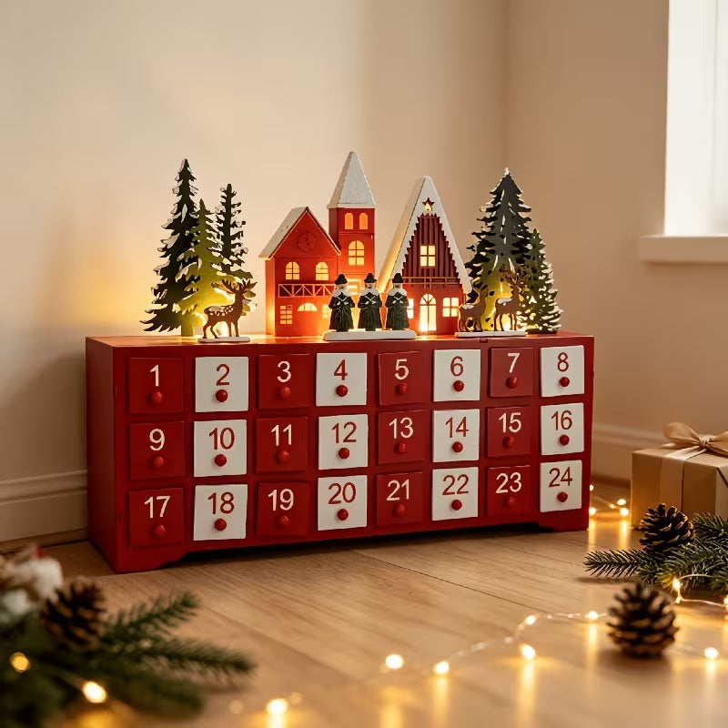 Beleuchteter Holz-Adventskalender im Dorf-Design