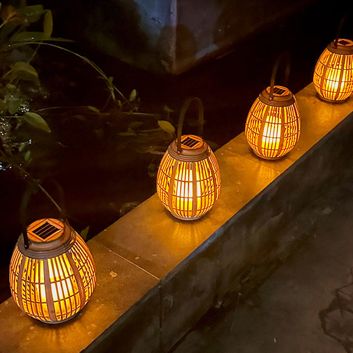 Moderne Art Deco Solar Runde Laterne Rattan LED Außen Landschaftslicht Für Garten | Karnz