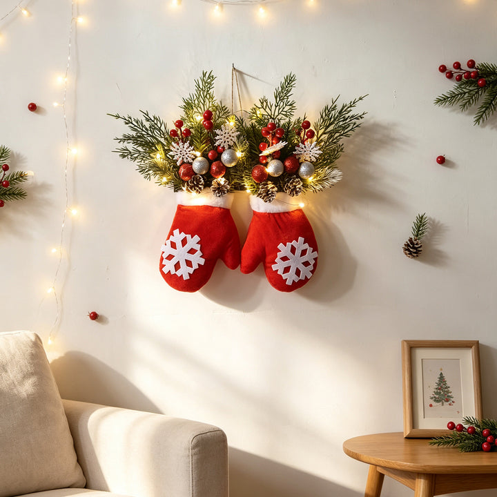 Weihnachtlicher Handschuh-Kranz mit Beleuchtungsoption