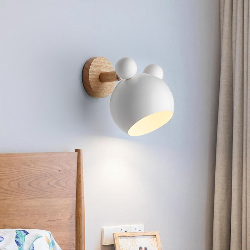 Bär/Glocke Rotierende Wandmontierte Lampe Macaron Eisen 1-Kopf Nachttisch Lese Wandlicht in Weiß/Rosa/Grün und Holz | Karnz