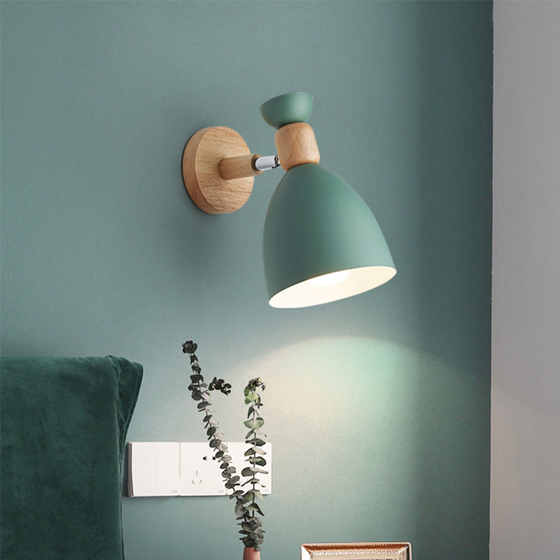 Bär/Glocke Rotierende Wandmontierte Lampe Macaron Eisen 1-Kopf Nachttisch Lese Wandlicht in Weiß/Rosa/Grün und Holz | Karnz