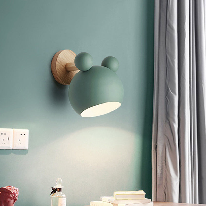 Bär/Glocke Rotierende Wandmontierte Lampe Macaron Eisen 1-Kopf Nachttisch Lese Wandlicht in Weiß/Rosa/Grün und Holz | Karnz