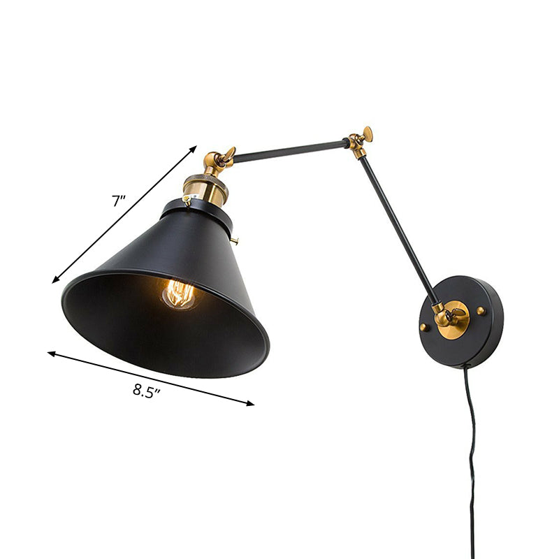Eisen Schwarz Finish Lesewandlampe Rollkante Kegelförmige Einzelne Industrielle Stecker/Steckerlose Wandbeleuchtung mit Schwenkarm