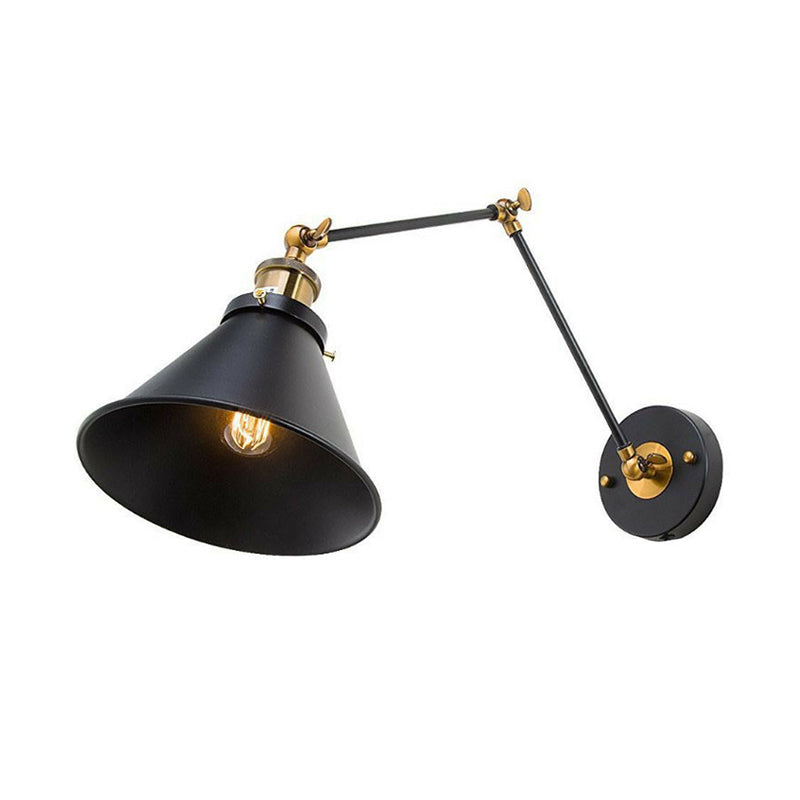 Eisen Schwarz Finish Lesewandlampe Rollkante Kegelförmige Einzelne Industrielle Stecker/Steckerlose Wandbeleuchtung mit Schwenkarm