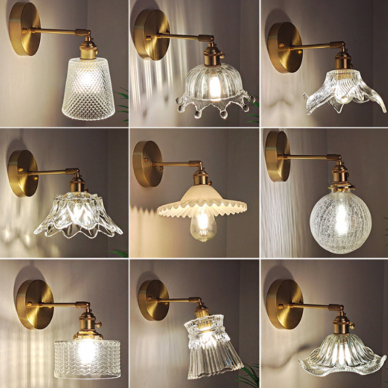 Eisen Messing-Finish Wandleseleuchte Schwenkarm 1-Licht Industrielle Wandlampe mit Blüte/Schale Klarglas-Schirm | Karnz