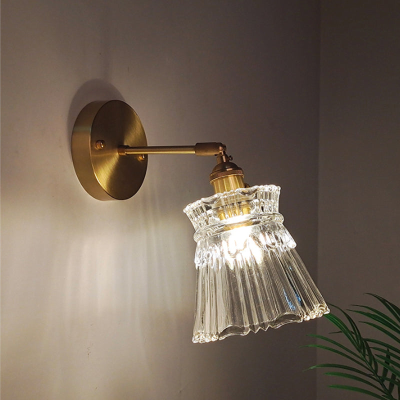 Eisen Messing-Finish Wandleseleuchte Schwenkarm 1-Licht Industrielle Wandlampe mit Blüte/Schale Klarglas-Schirm | Karnz