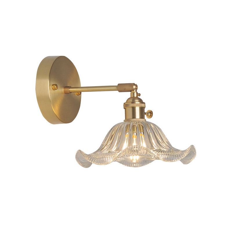 Eisen Messing-Finish Wandleseleuchte Schwenkarm 1-Licht Industrielle Wandlampe mit Blüte/Schale Klarglas-Schirm | Karnz
