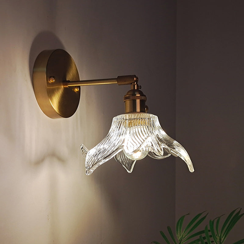 Eisen Messing-Finish Wandleseleuchte Schwenkarm 1-Licht Industrielle Wandlampe mit Blüte/Schale Klarglas-Schirm | Karnz