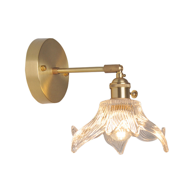 Eisen Messing-Finish Wandleseleuchte Schwenkarm 1-Licht Industrielle Wandlampe mit Blüte/Schale Klarglas-Schirm | Karnz