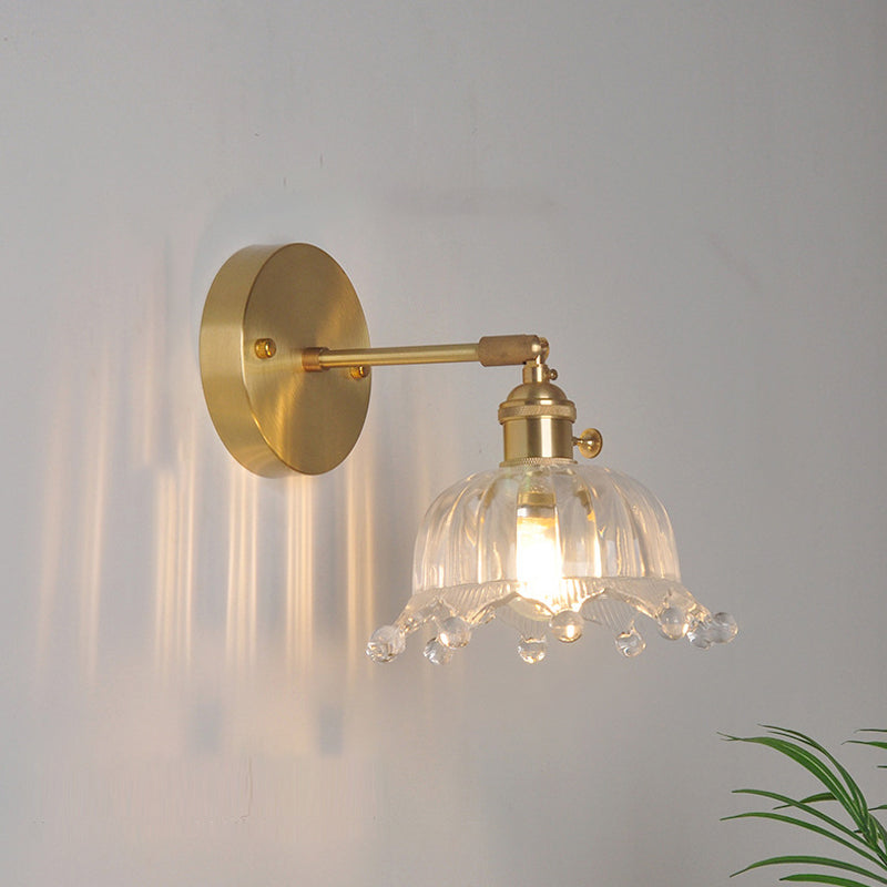 Eisen Messing-Finish Wandleseleuchte Schwenkarm 1-Licht Industrielle Wandlampe mit Blüte/Schale Klarglas-Schirm | Karnz
