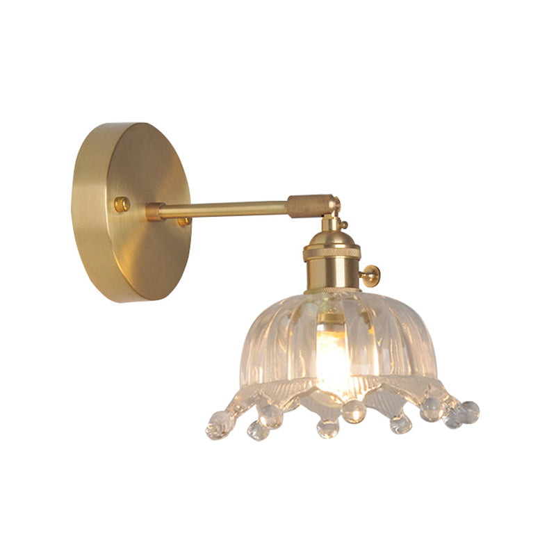 Eisen Messing-Finish Wandleseleuchte Schwenkarm 1-Licht Industrielle Wandlampe mit Blüte/Schale Klarglas-Schirm | Karnz