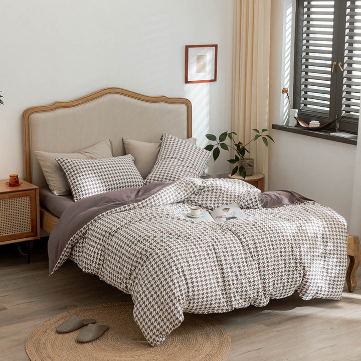 Wendbares Duvetbezug-Set im Hahnentritt-Muster aus Baumwoll‑Renforcé mit Soft‑Finish
